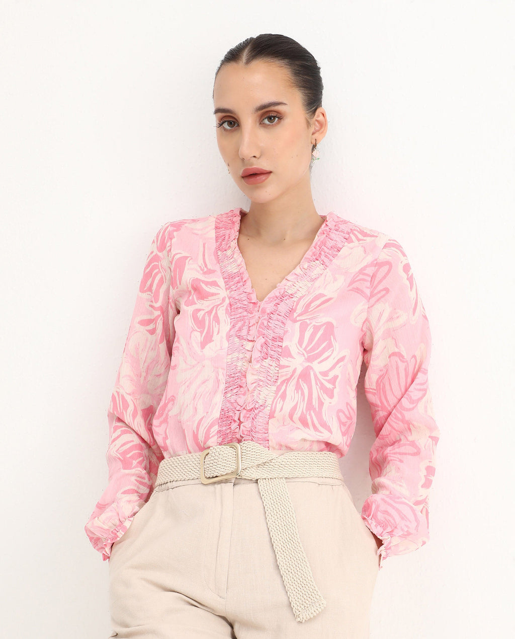 Rareism Women's Sombo Pink Polyester V-Neck Floral Print Bishop Sleeve Regular Fit Top
