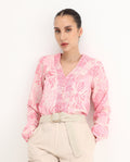 Rareism Women's Sombo Pink Polyester V-Neck Floral Print Bishop Sleeve Regular Fit Top