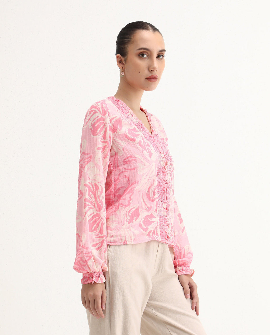 Rareism Women's Sombo Pink Polyester V-Neck Floral Print Bishop Sleeve Regular Fit Top