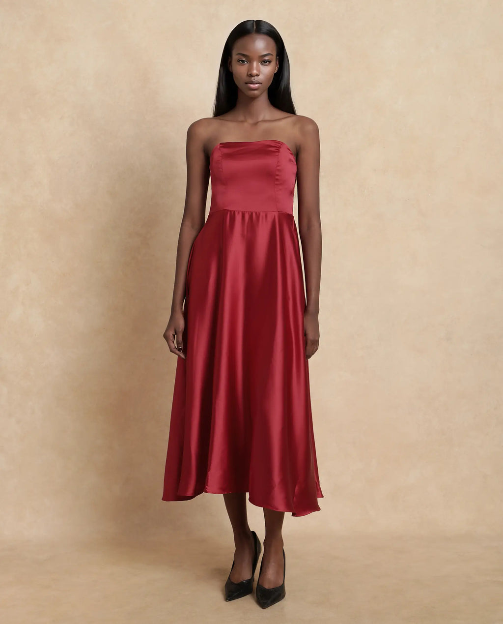 Rareism Women's Somfar Red Polyester Sweetheart Neck Plain Sleeveless Midi Flared Dress