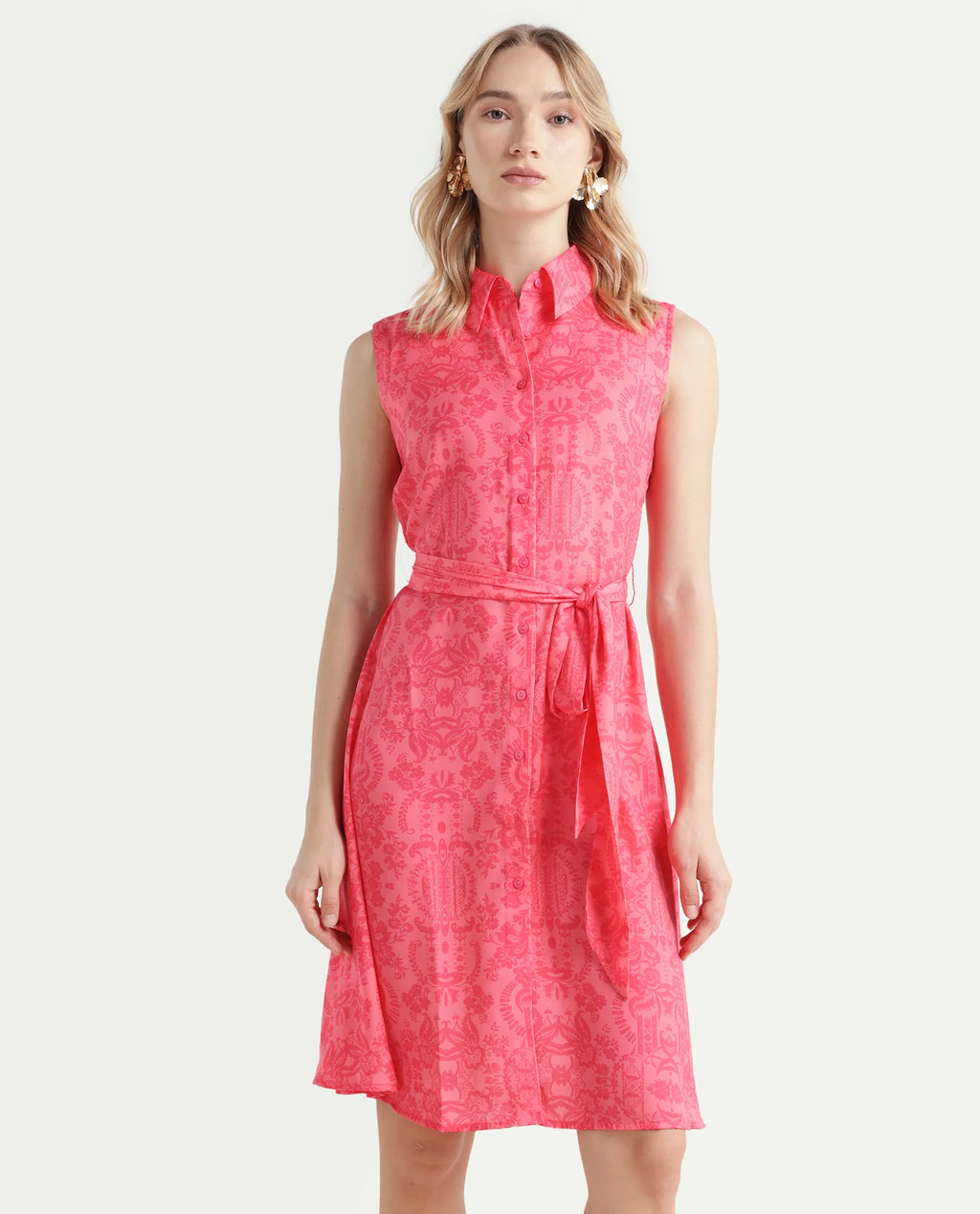 Rareism Women's Somfril Pink Polyester Spread Collar Abstract Print Sleeveless Knee Length A-Line Dress