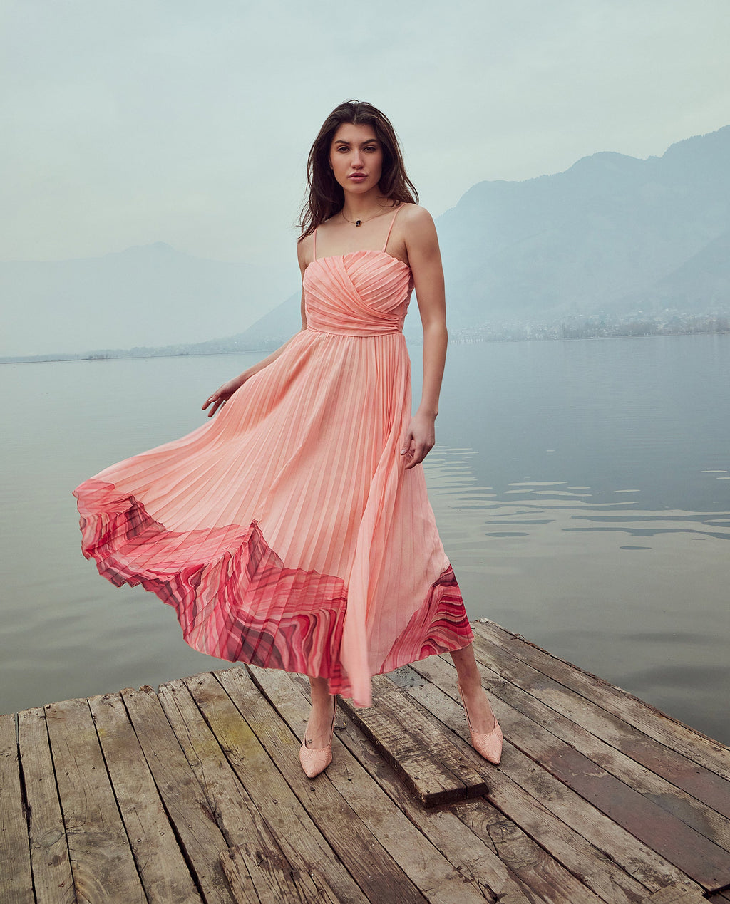 Rareism Women's Somhey Pink Polyester Shoulder Strap Plain Shoulder Strap Midi Fit And Flare Dress