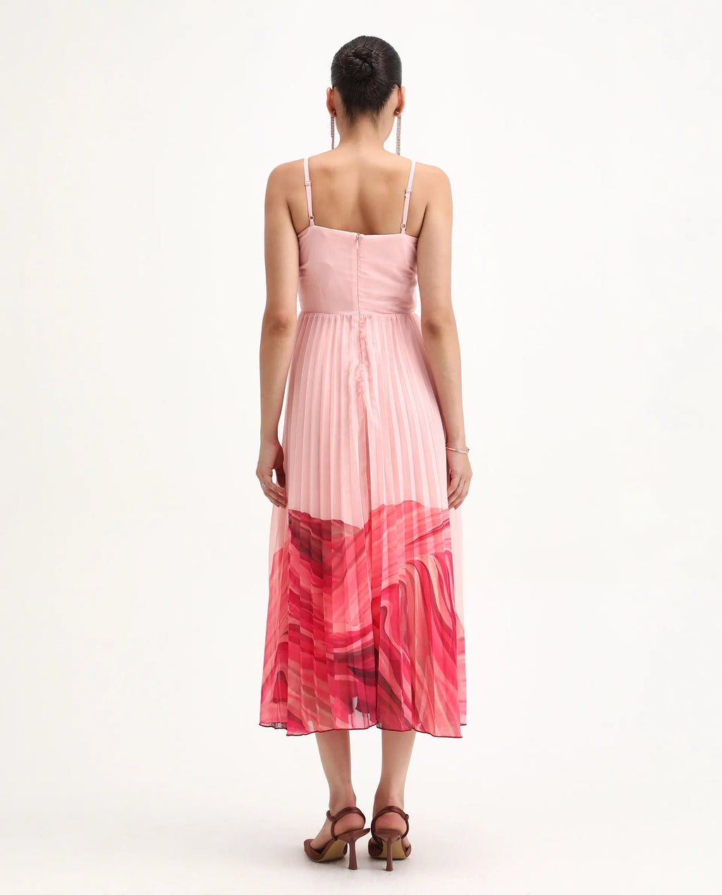 Rareism Women's Somhey Pink Polyester Shoulder Strap Plain Shoulder Strap Midi Fit And Flare Dress