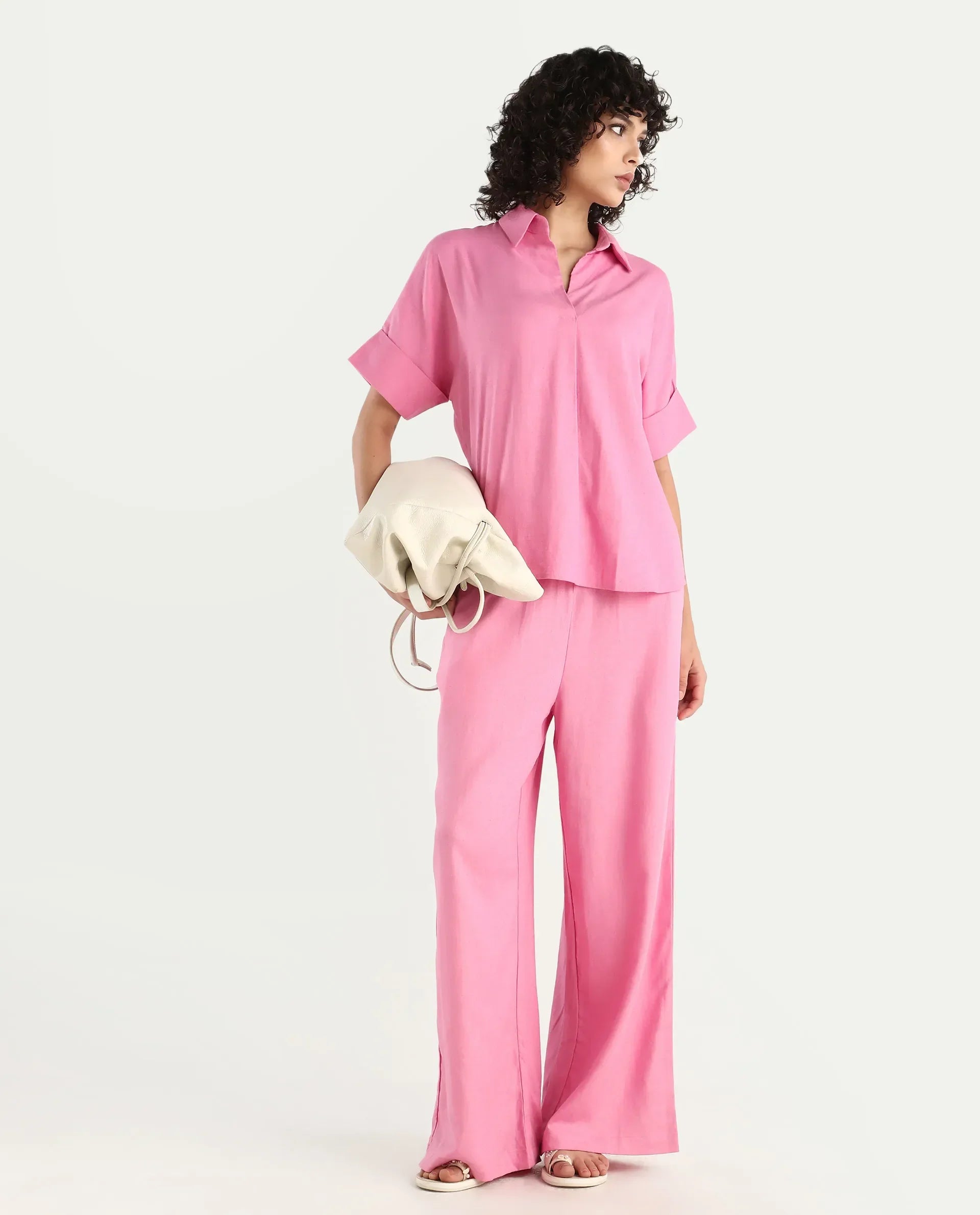 Rareism Women's Somkar T Pink Viscose Blend Johnny Collar Plain Extended Sleeves Relaxed Fit Top