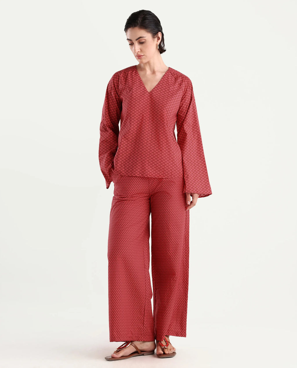 Rareism Women's Somkyu B Red Cotton Geometric Print Ankle Length Wide Trouser