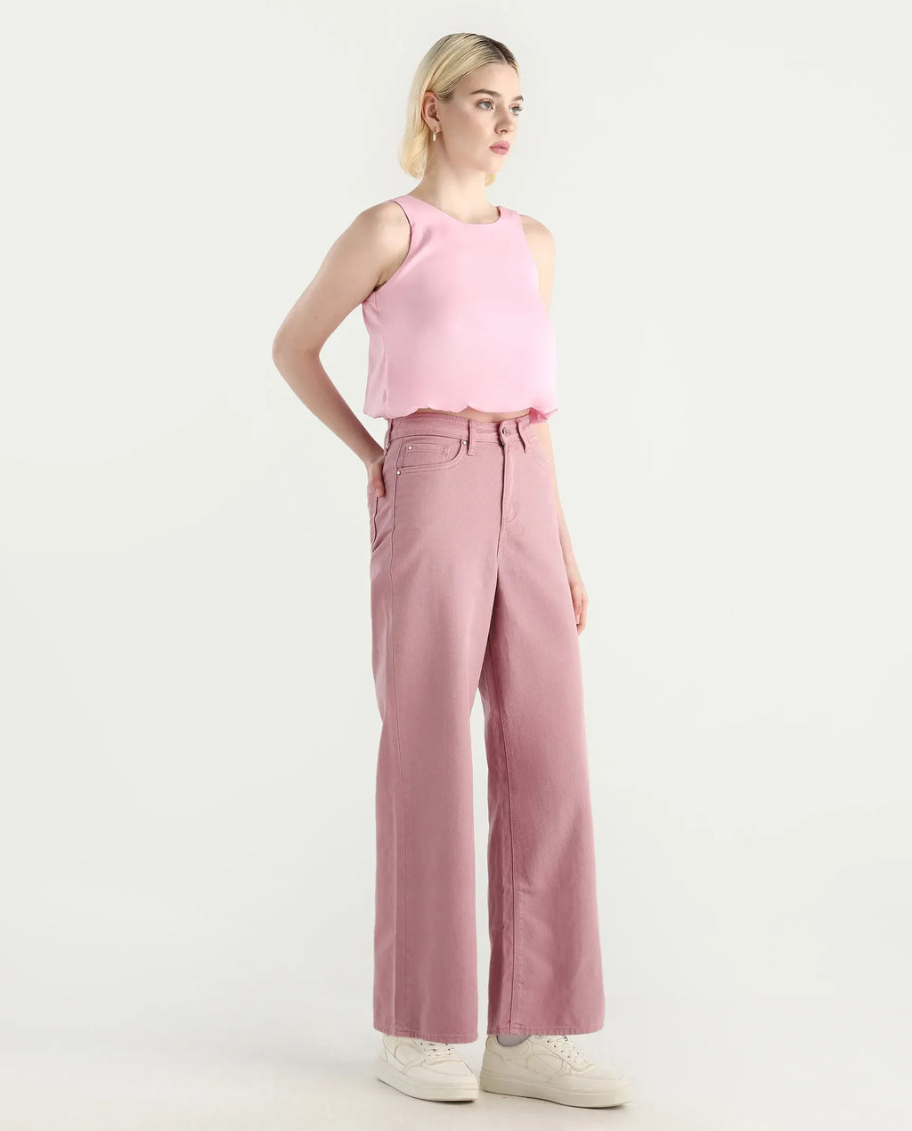 Rareism Women's Somnim Dusky Pink Cotton Plain Ankle Length Wide Trouser
