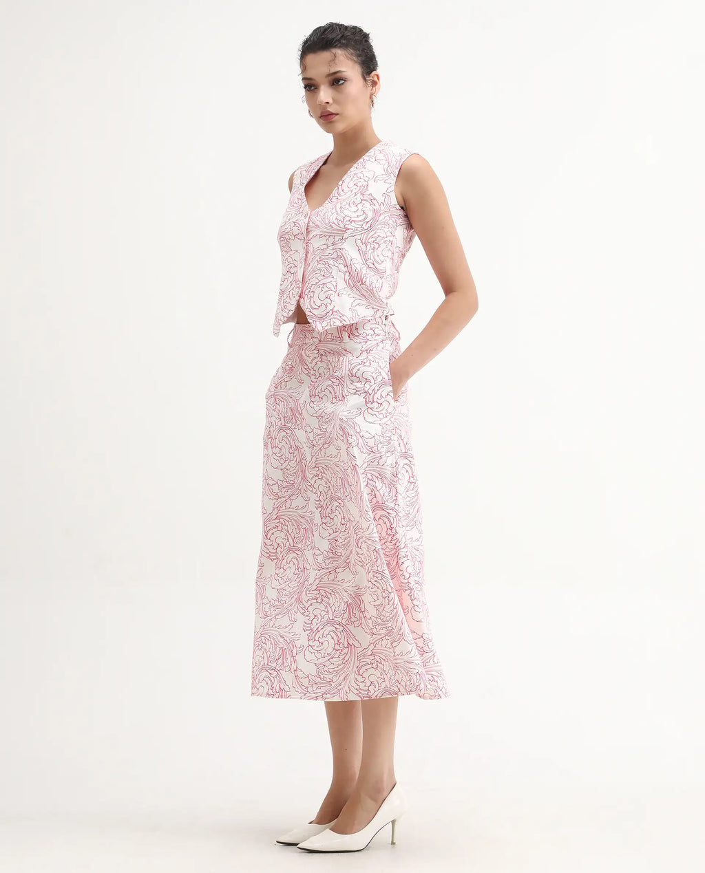 Rareism Women's Somnos B White Cotton Ornamental Print Maxi A-Line Skirt
