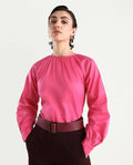 Rareism Women's Somree Pink Cotton Round Neck Plain Cuffed Sleeve Relaxed Fit Top