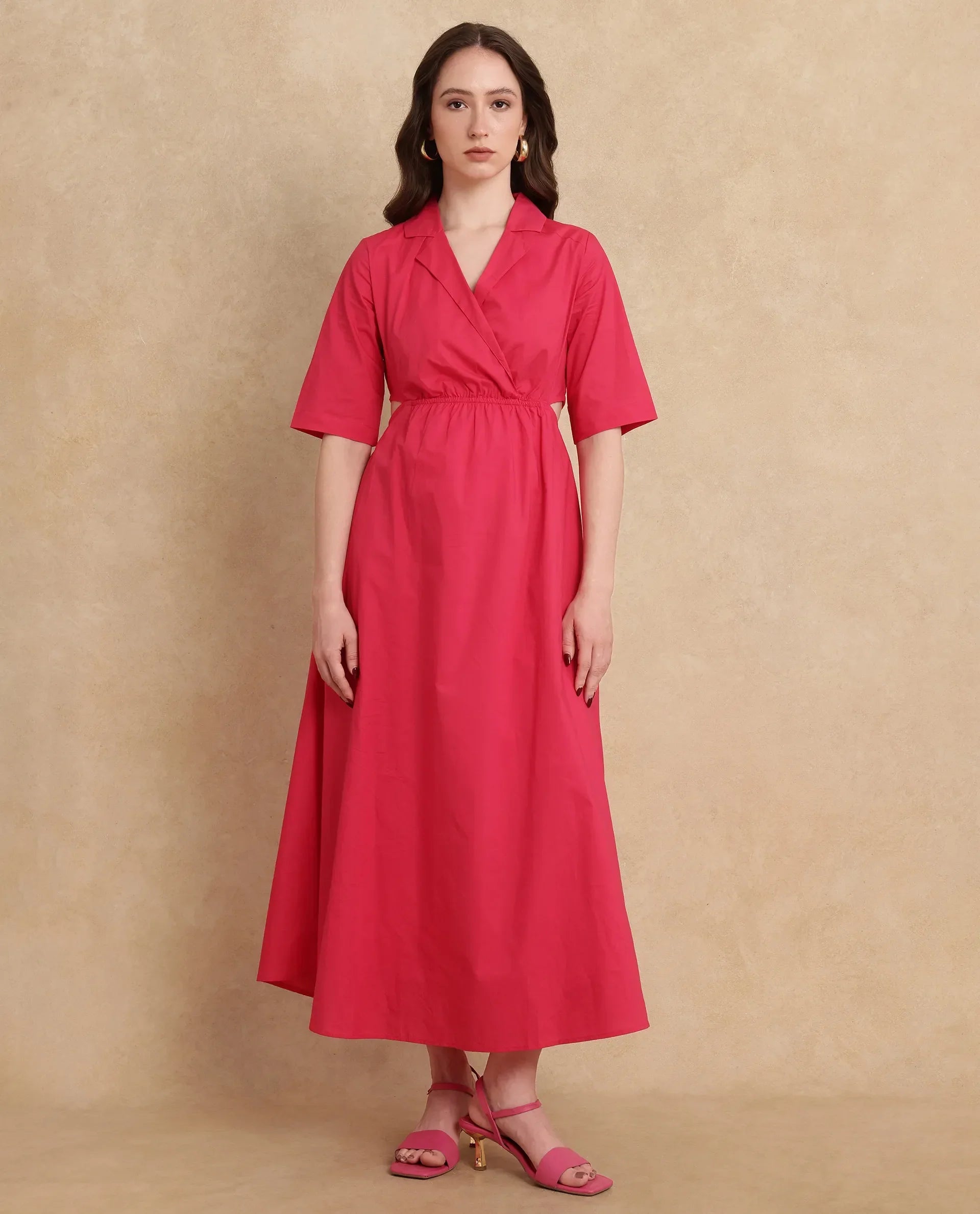 Rareism Women's Somrica Dark Pink Cotton Lapel Neck Plain Maxi A-Line Dress