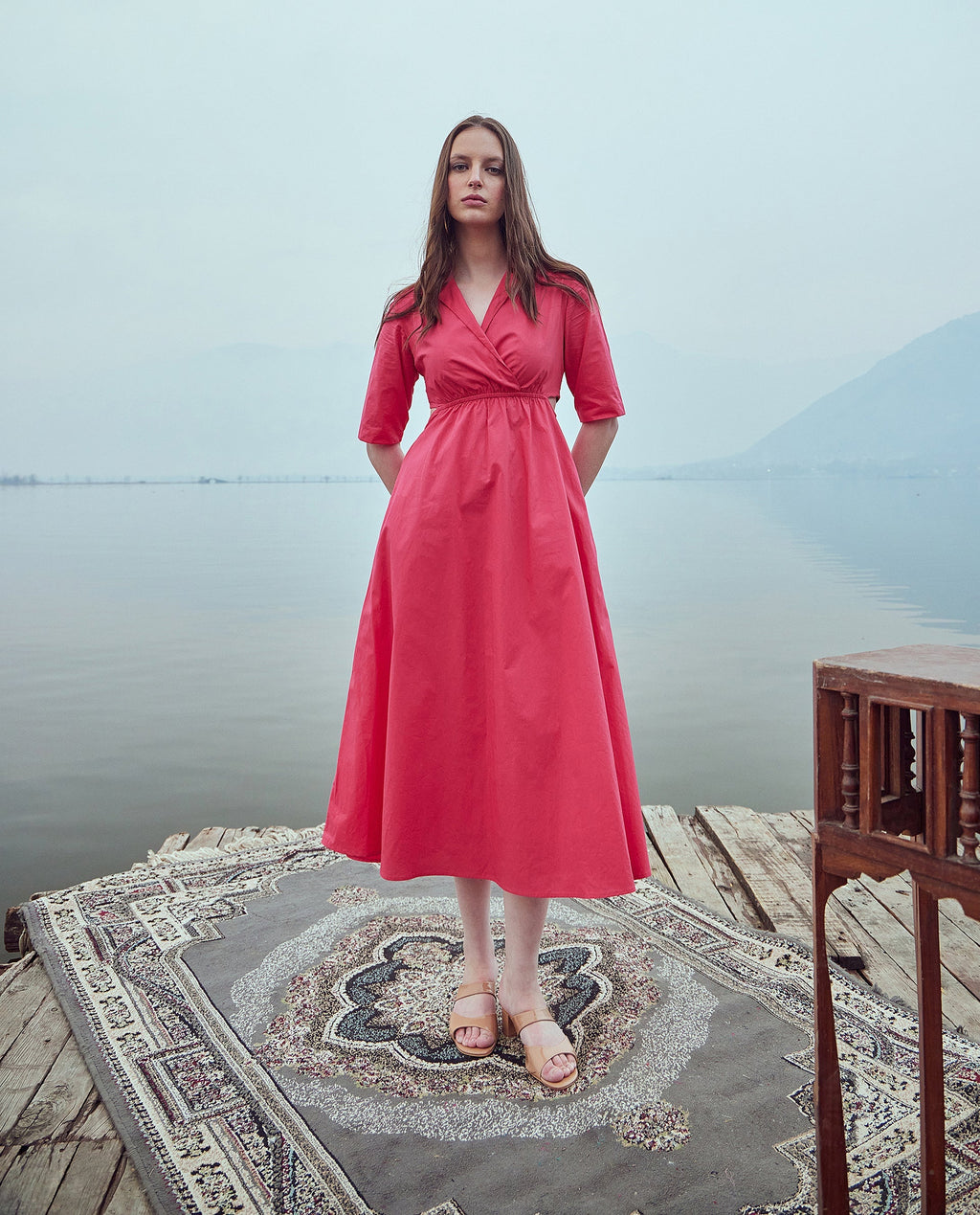 Rareism Women's Somrica Dark Pink Cotton Lapel Neck Plain Maxi A-Line Dress