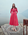Rareism Women's Somrica Dark Pink Cotton Lapel Neck Plain Maxi A-Line Dress
