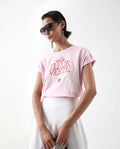 Rareism Women's Somrit Light Pink Cotton Crew Neck Graphic Print Extended Sleeves Regular Fit T-Shirt