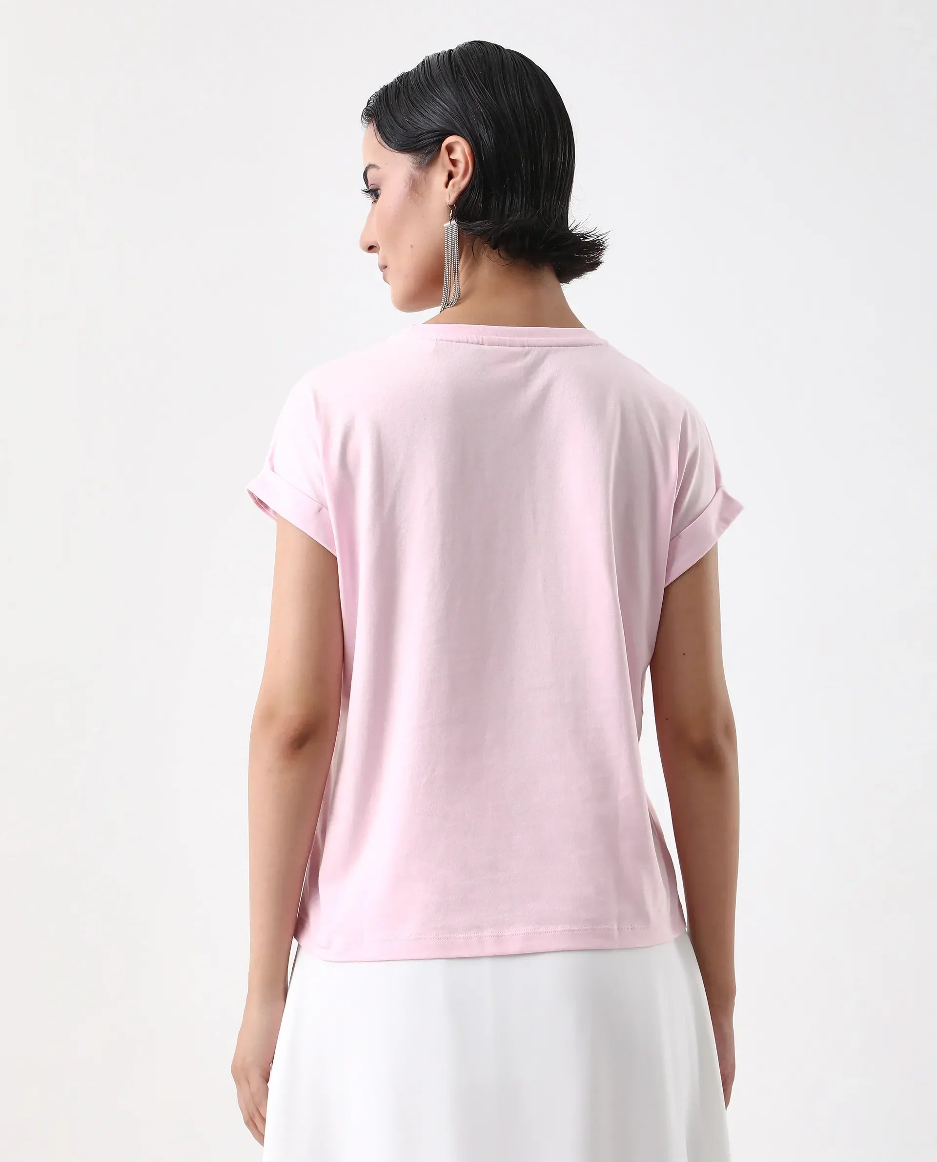 Rareism Women's Somrit Light Pink Cotton Crew Neck Graphic Print Extended Sleeves Regular Fit T-Shirt