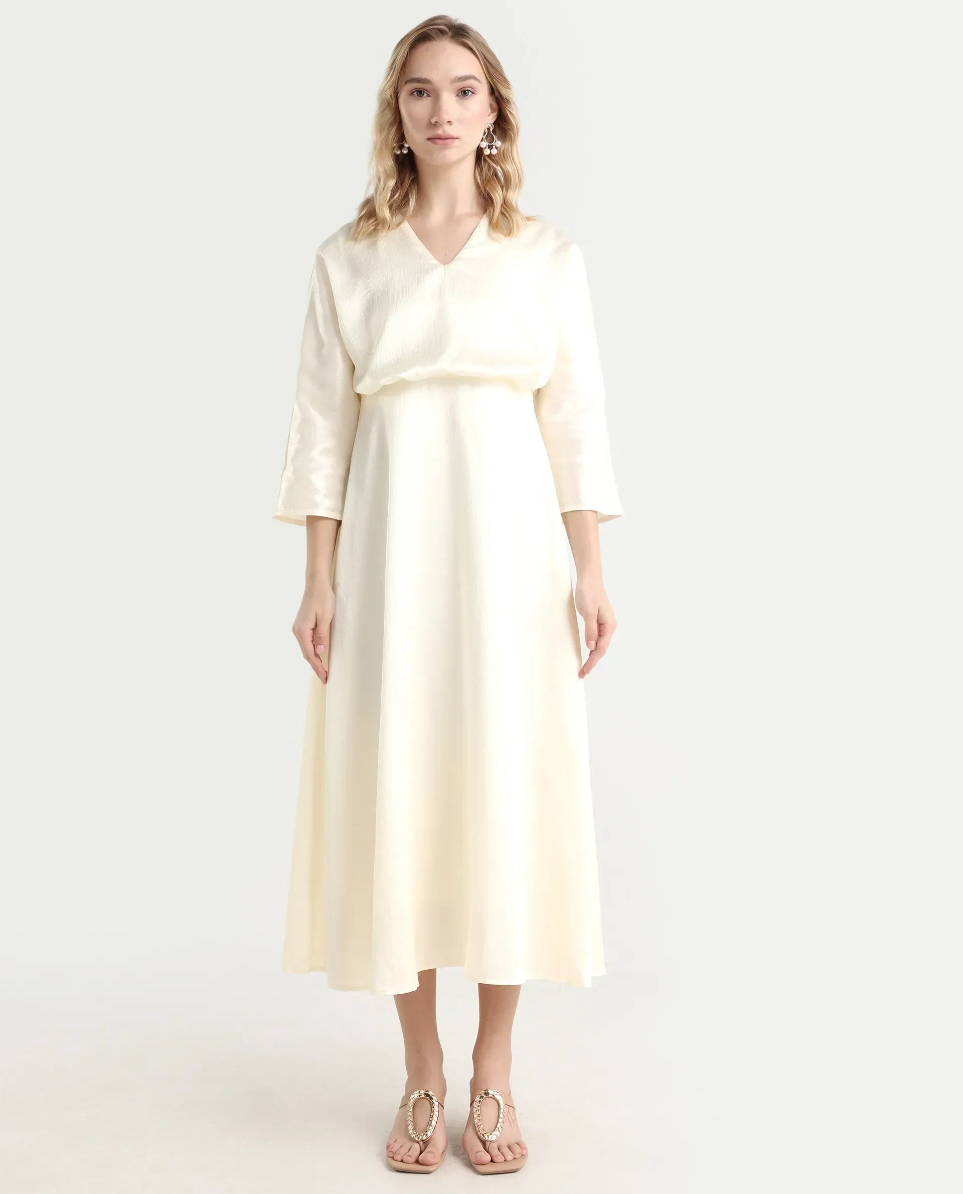 Rareism Women's Somsho Off White Polyester V-Neck Plain Kimono Sleeve Maxi A-Line Dress