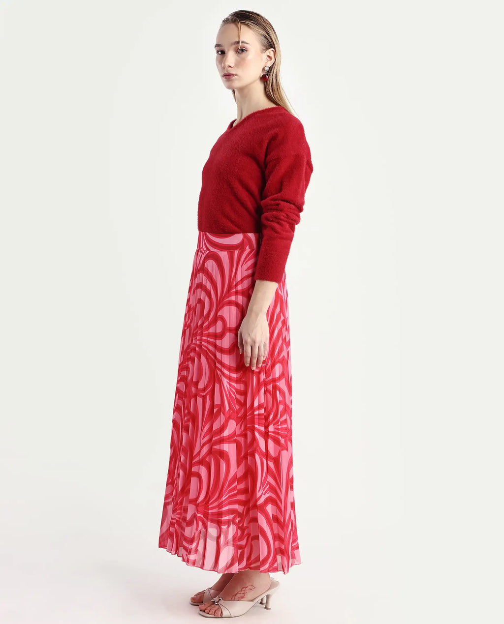 Rareism Women's Somsiri Pink Polyester Abstract Print Maxi Flared Skirt