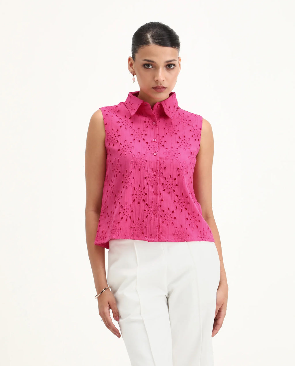 Rareism Women's Somtel Pink Cotton Spread Collar Schiffli Sleeveless Crop Regular Fit Top