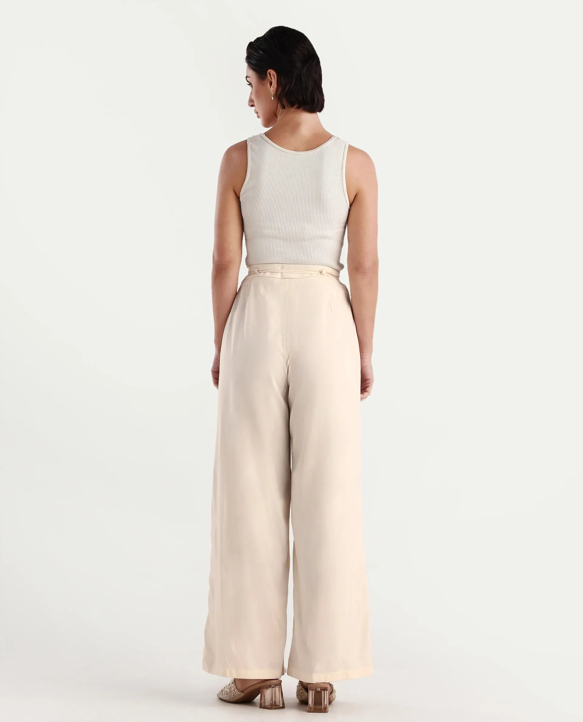 Rareism Women's Somuse Beige Viscose Plain Ankle Length Wide Trouser
