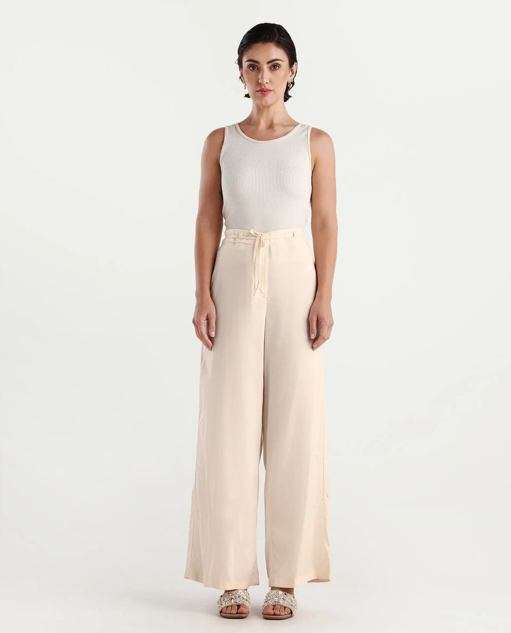 Rareism Women's Somuse Beige Viscose Plain Ankle Length Wide Trouser