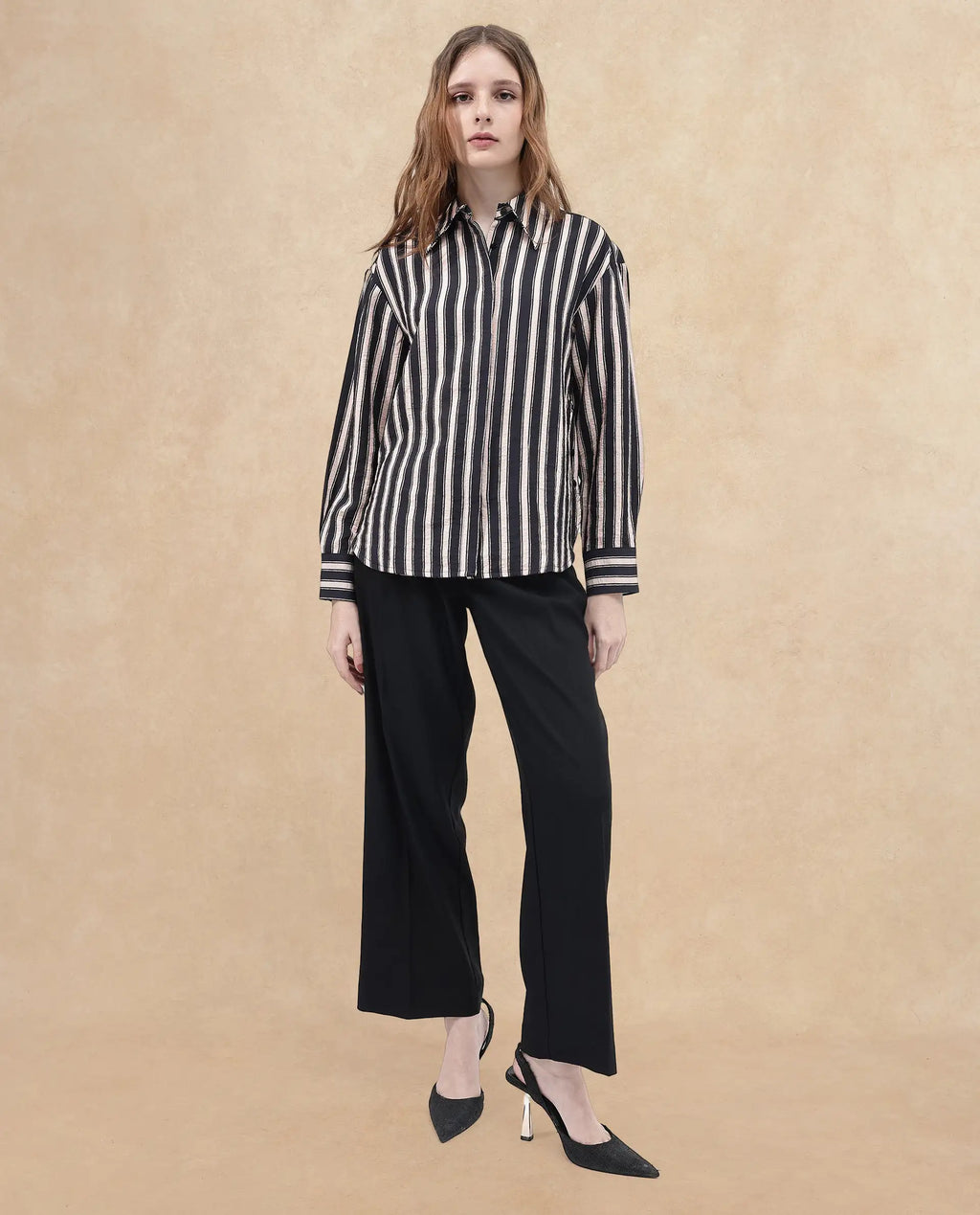 Rareism Women Sonora Black Cuffed Sleeve Collared Neck Broad Stripes Shirt