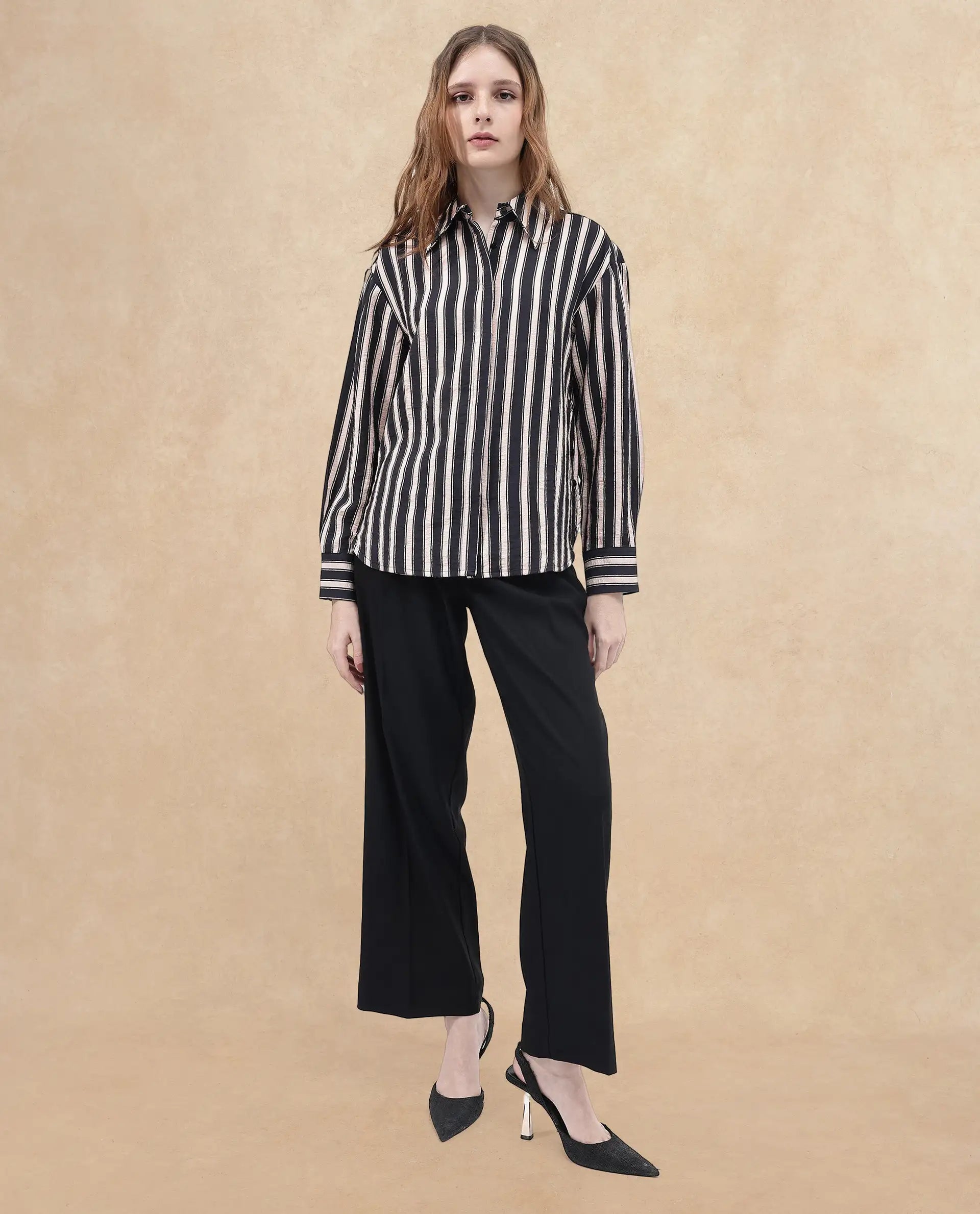 Rareism Women Sonora Black Cuffed Sleeve Collared Neck Broad Stripes Shirt