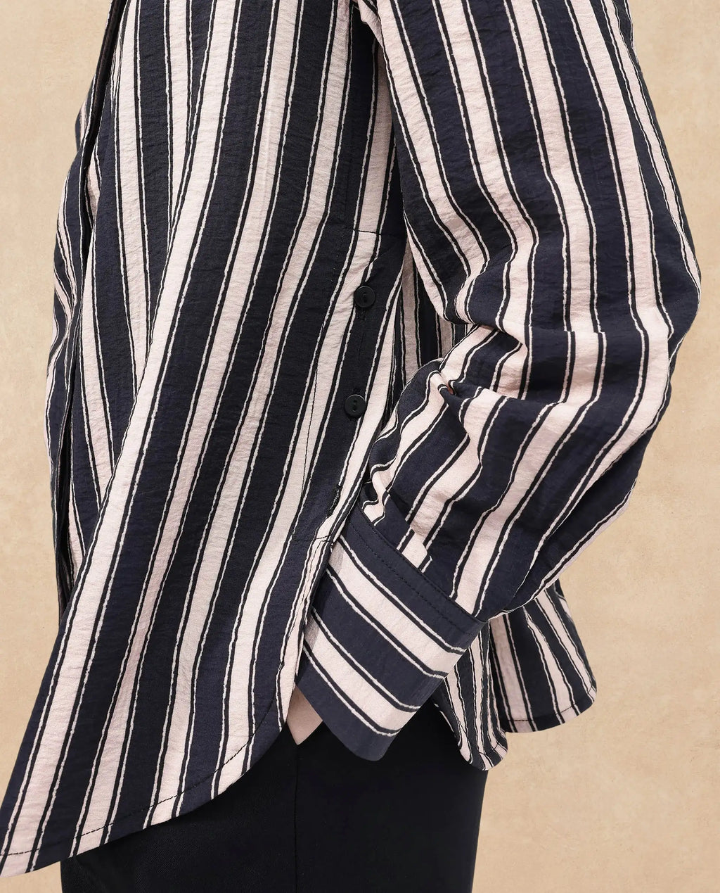 Rareism Women Sonora Black Cuffed Sleeve Collared Neck Broad Stripes Shirt