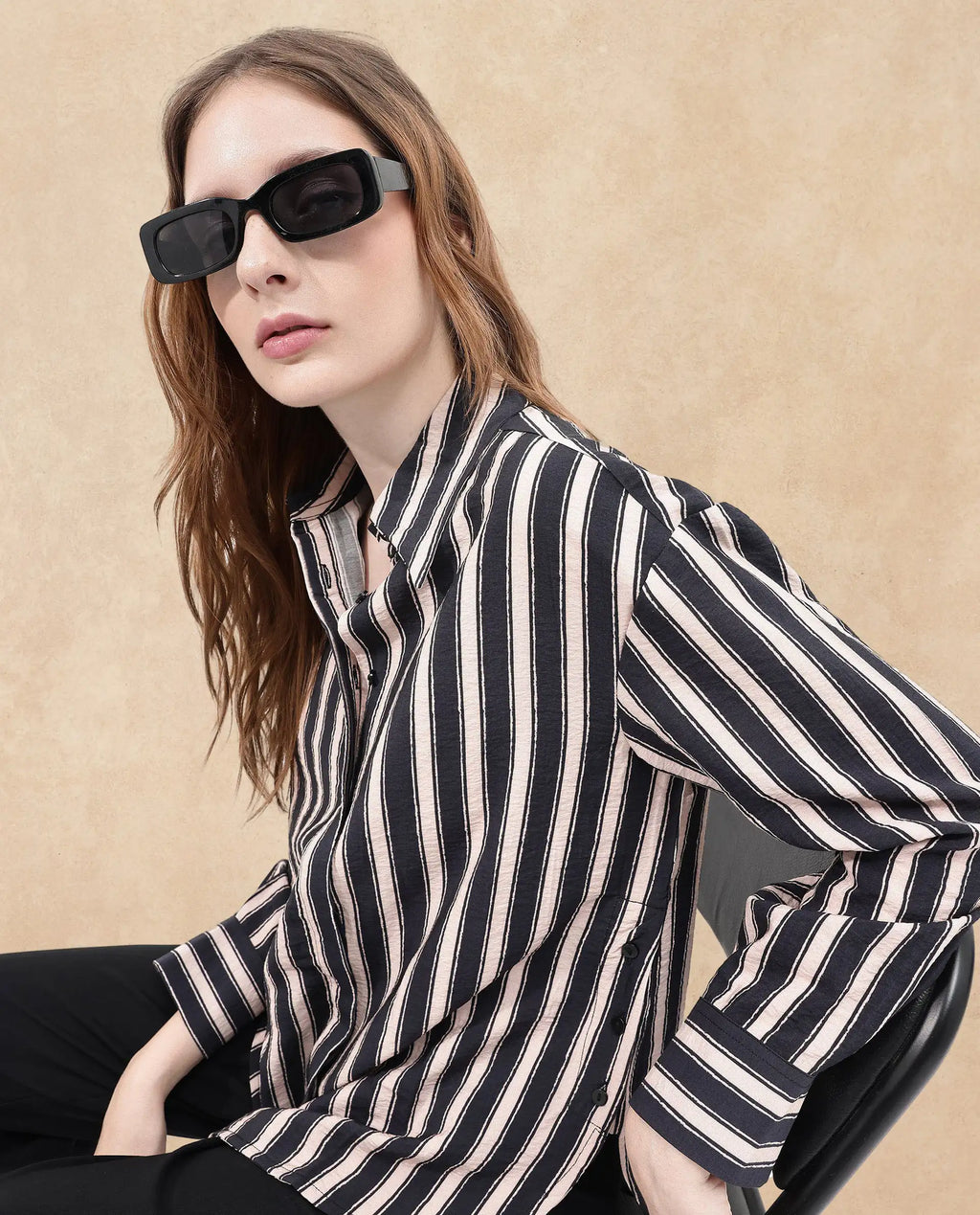 Rareism Women Sonora Black Cuffed Sleeve Collared Neck Broad Stripes Shirt
