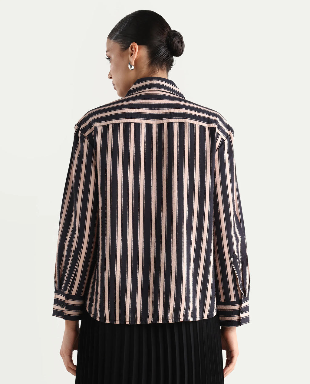 Rareism Women's Sonora Black Viscose Blend Drop Collar Striped Cuffed Sleeve Regular Fit Shirt