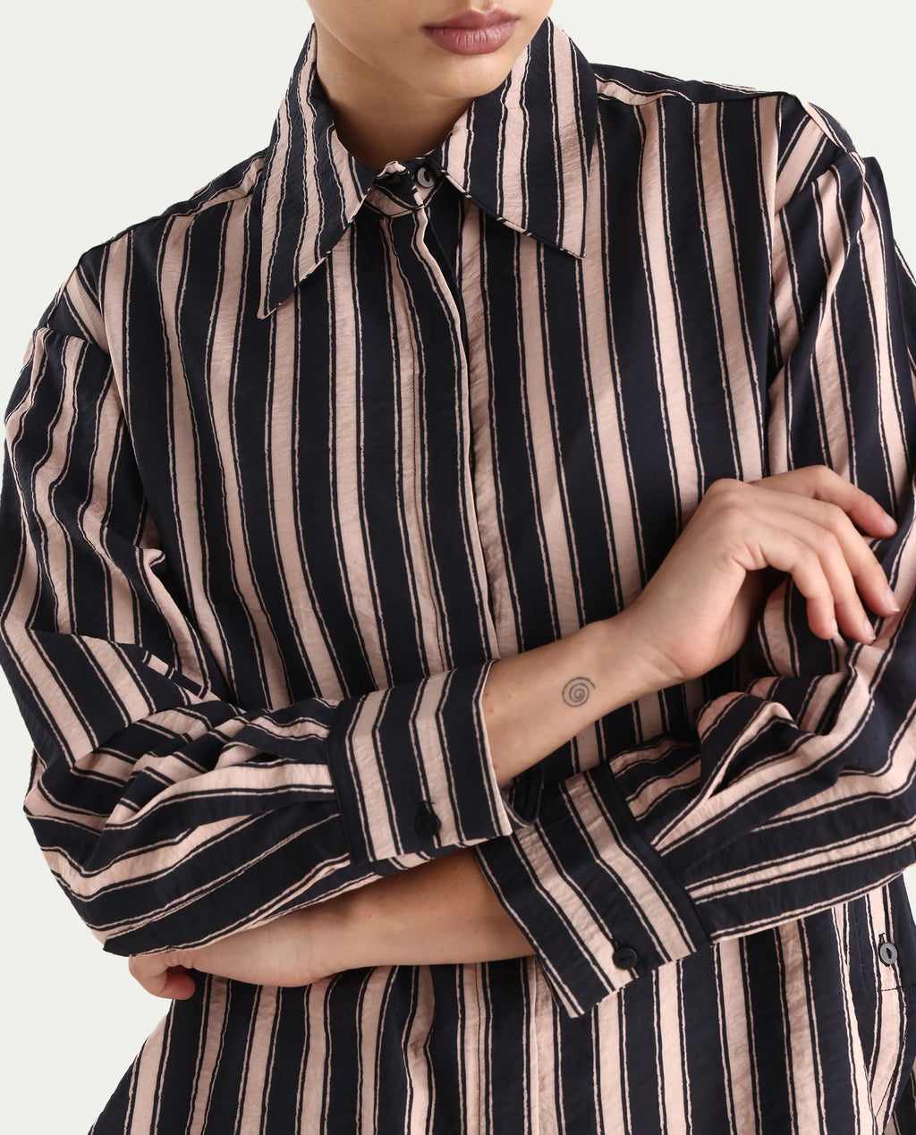 Rareism Women's Sonora Black Viscose Blend Drop Collar Striped Cuffed Sleeve Regular Fit Shirt