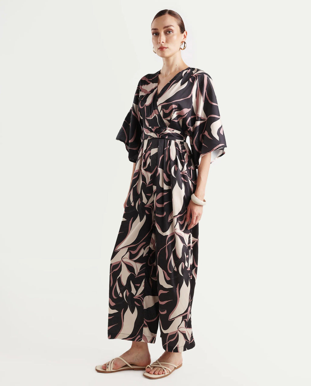 Rareism Women's Sonrka Multi Satin Overlap Neck Abstract Print Extended Sleeves Maxi Relaxed Fit Jumpsuit