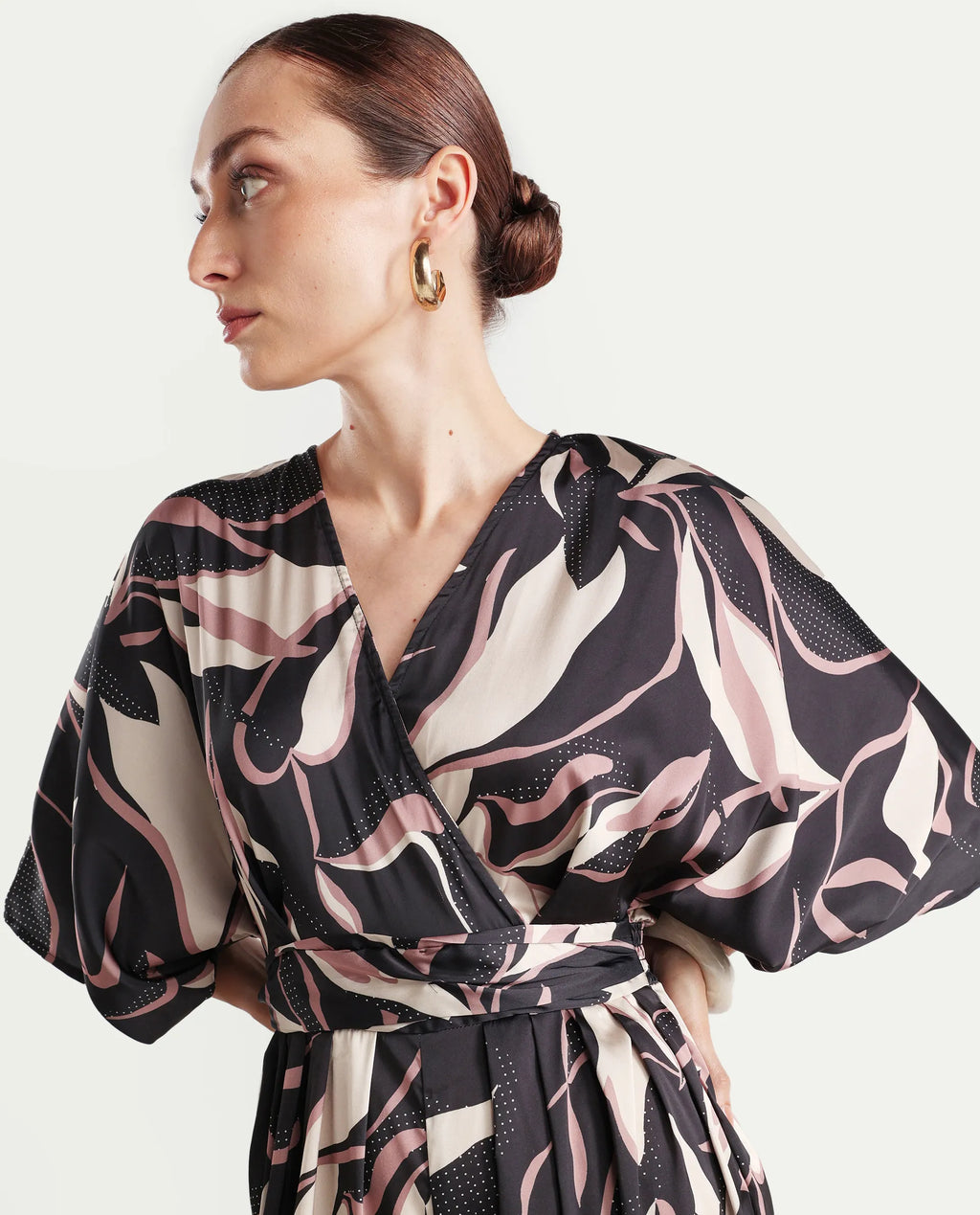 Rareism Women's Sonrka Multi Satin Overlap Neck Abstract Print Extended Sleeves Maxi Relaxed Fit Jumpsuit