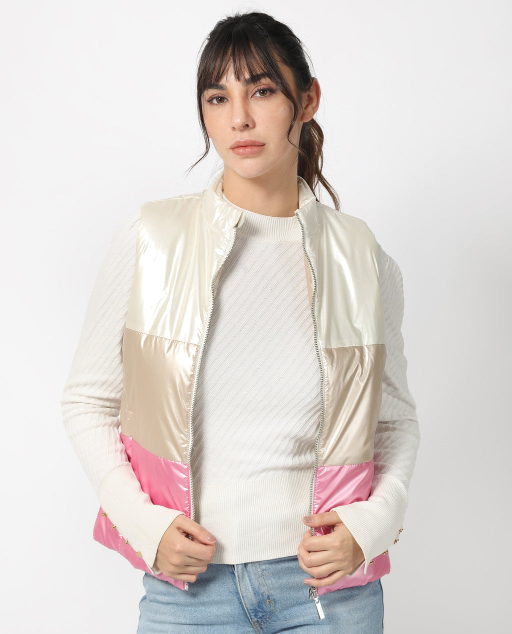 Rareism Women's Sophia White Polyester High Neck Color Block Sleeveless Regular Fit Jacket
