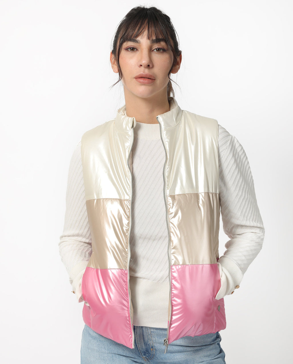 Rareism Women's Sophia White Polyester High Neck Color Block Sleeveless Regular Fit Jacket