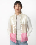 Rareism Women's Sophia White Polyester High Neck Color Block Sleeveless Regular Fit Jacket