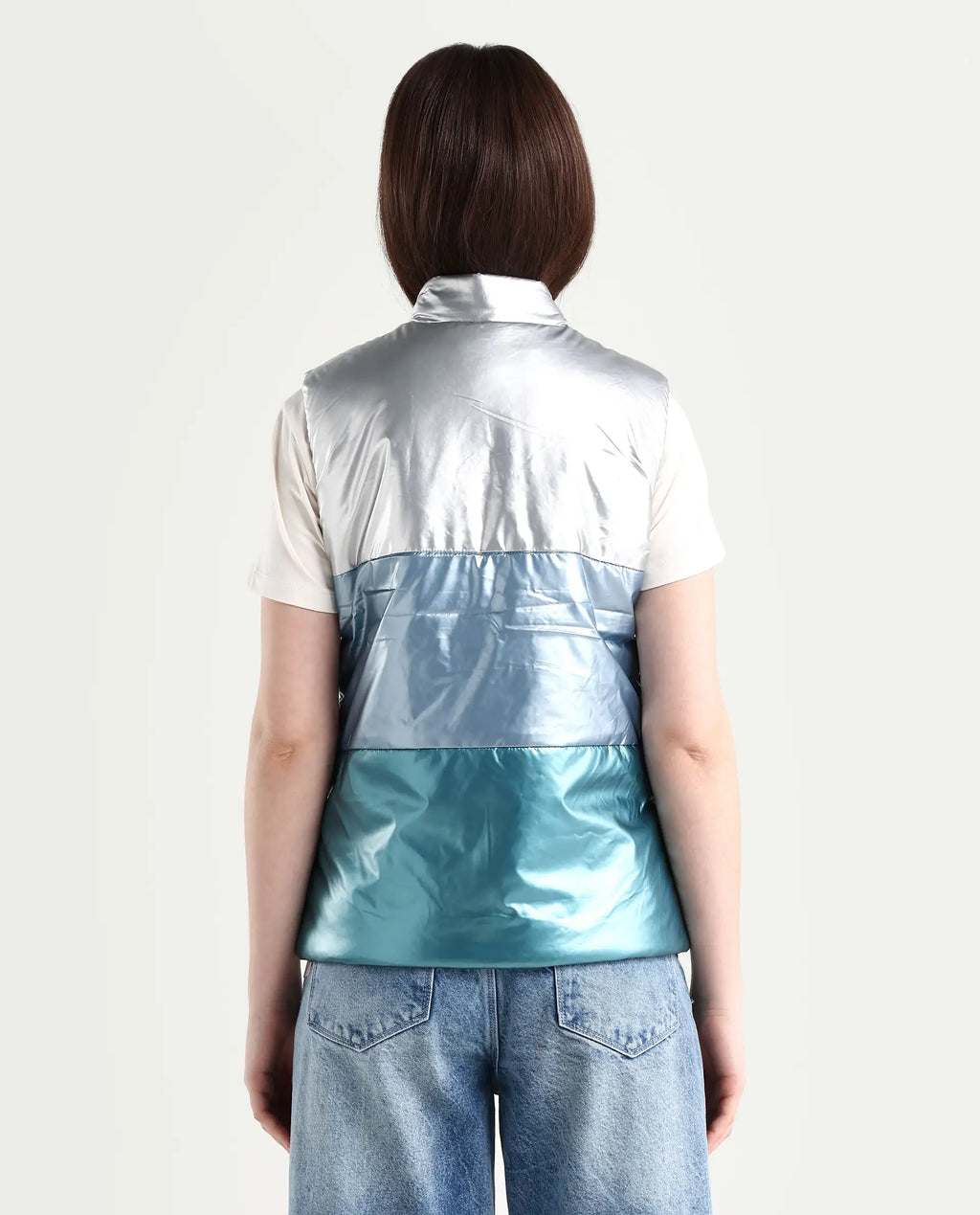 Rareism Women's Sophia Silver Polyester High Neck Color Block Sleeveless Regular Fit Jacket