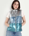 Rareism Women's Sophia Silver Polyester High Neck Color Block Sleeveless Regular Fit Jacket