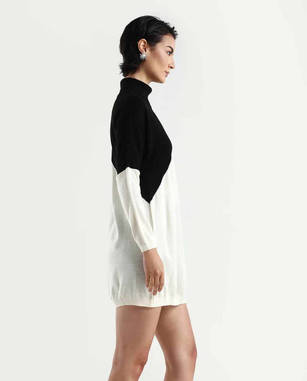 Rareism Women's Spaton 2 White Acrylic High Neck Color Block Knee Length Regular Fit Sweater