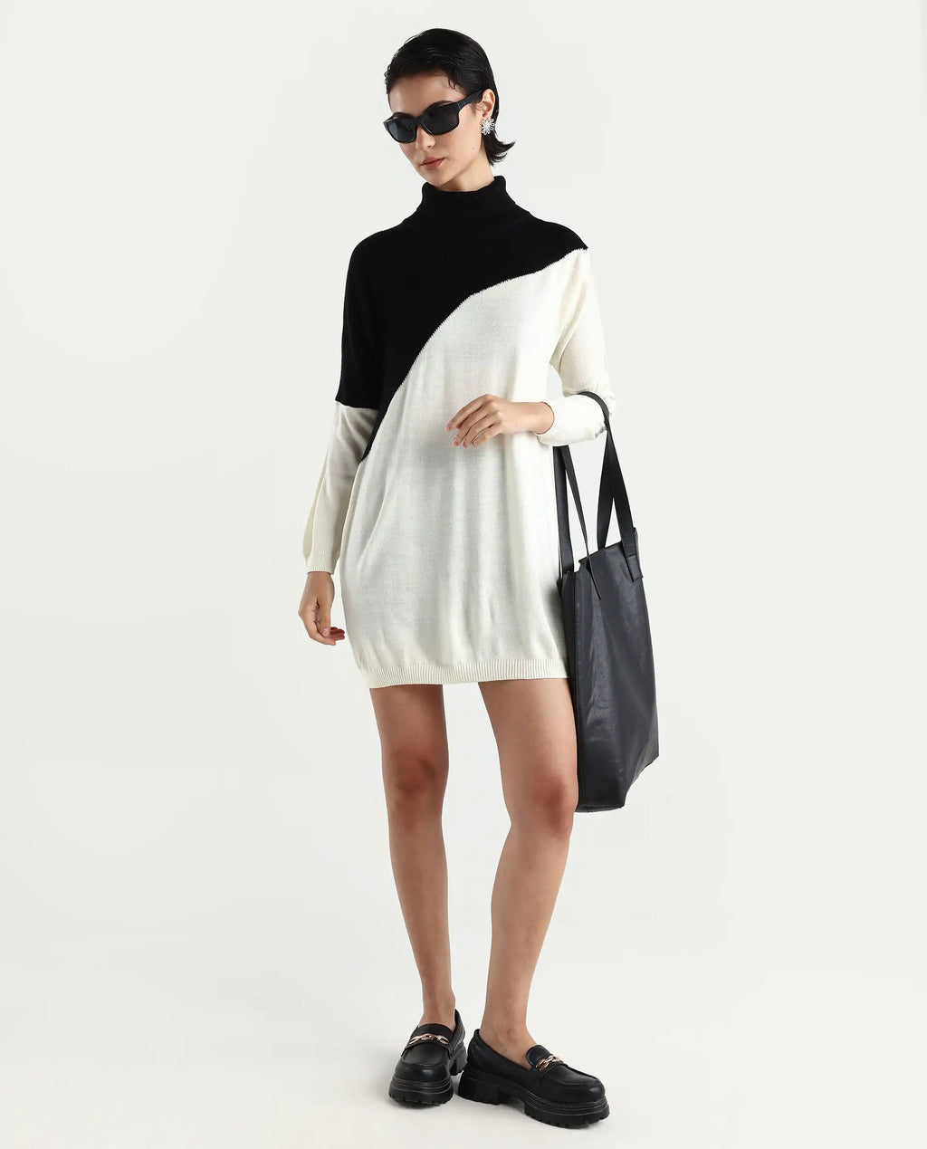 Rareism Women's Spaton 2 White Acrylic High Neck Color Block Knee Length Regular Fit Sweater