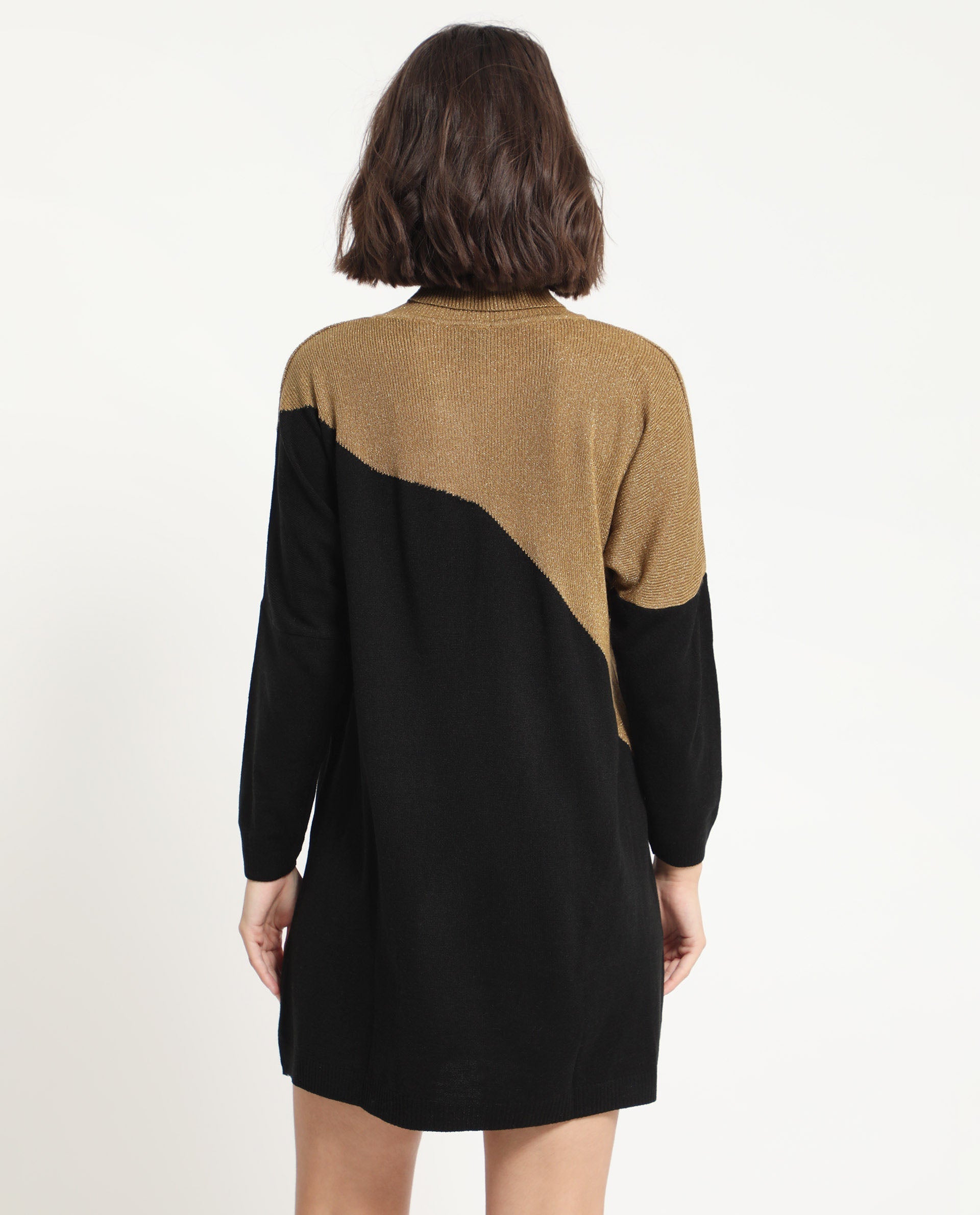 Rareism Women's Spaton 2 Black Acrylic High Neck Color Block Knee Length Regular Fit Sweater