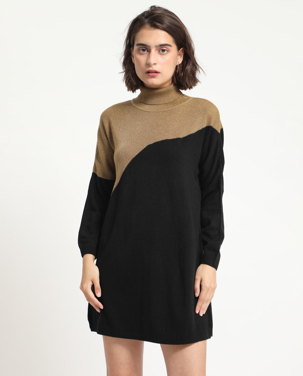 Rareism Women's Spaton 2 Black Acrylic High Neck Color Block Knee Length Regular Fit Sweater
