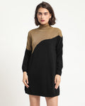 Rareism Women's Spaton 2 Black Acrylic High Neck Color Block Knee Length Regular Fit Sweater