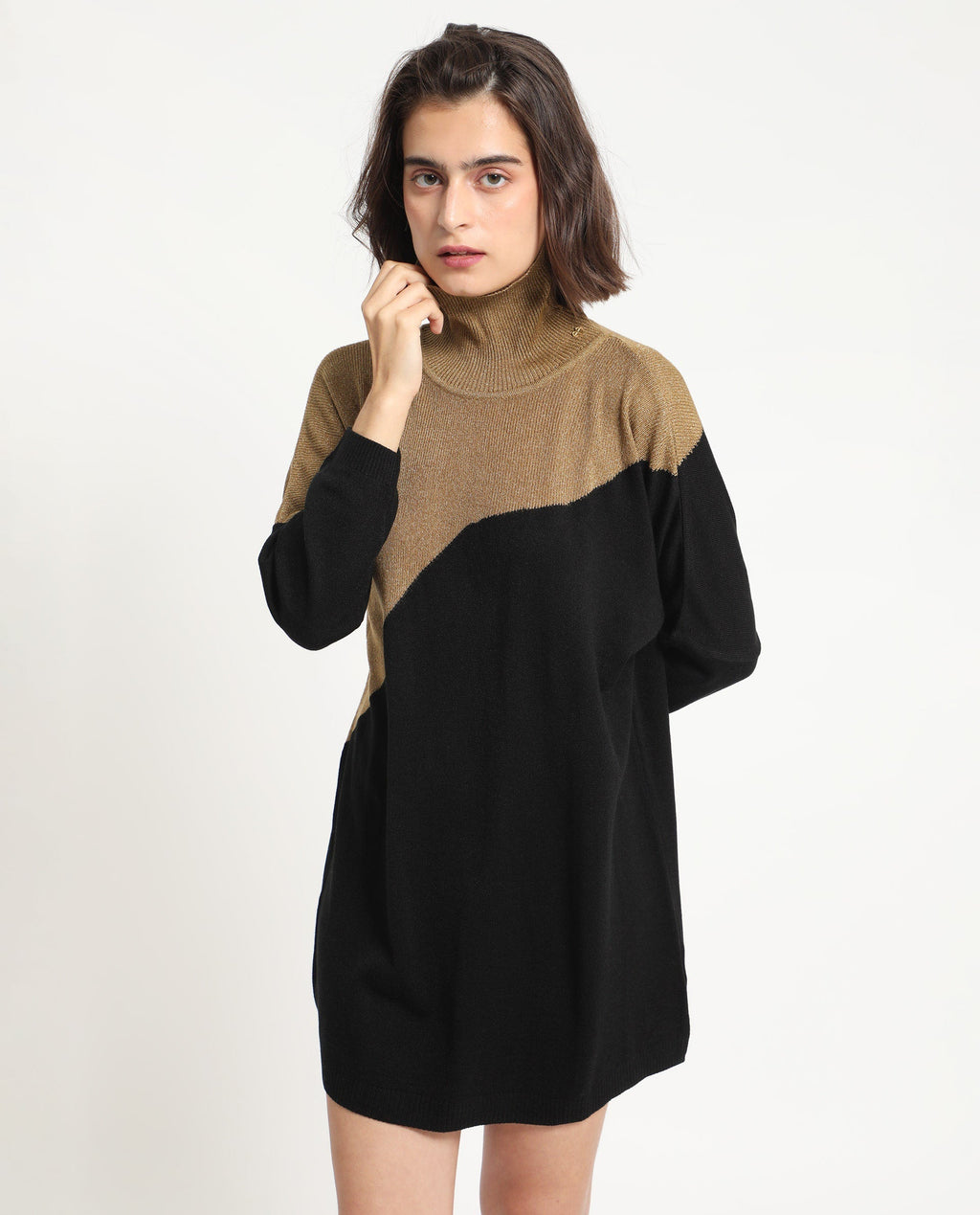 Rareism Women's Spaton 2 Black Acrylic High Neck Color Block Knee Length Regular Fit Sweater