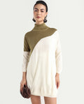 Rareism Women's Spaton White Knit Turtle Neck Plain Knee Length Straight Fit Sweater