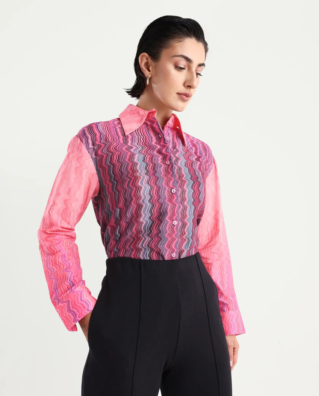 Rareism Women's Spezia Multi Cotton Drop Collar Abstract Print Cuffed Sleeve Regular Fit Shirt