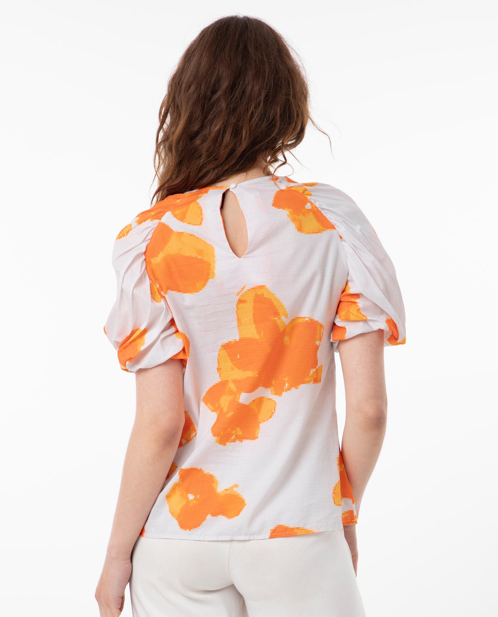 Rareism Women's Sporn Orange Cotton Crew Neck Floral Print Puff Sleeves Regular Fit Top
