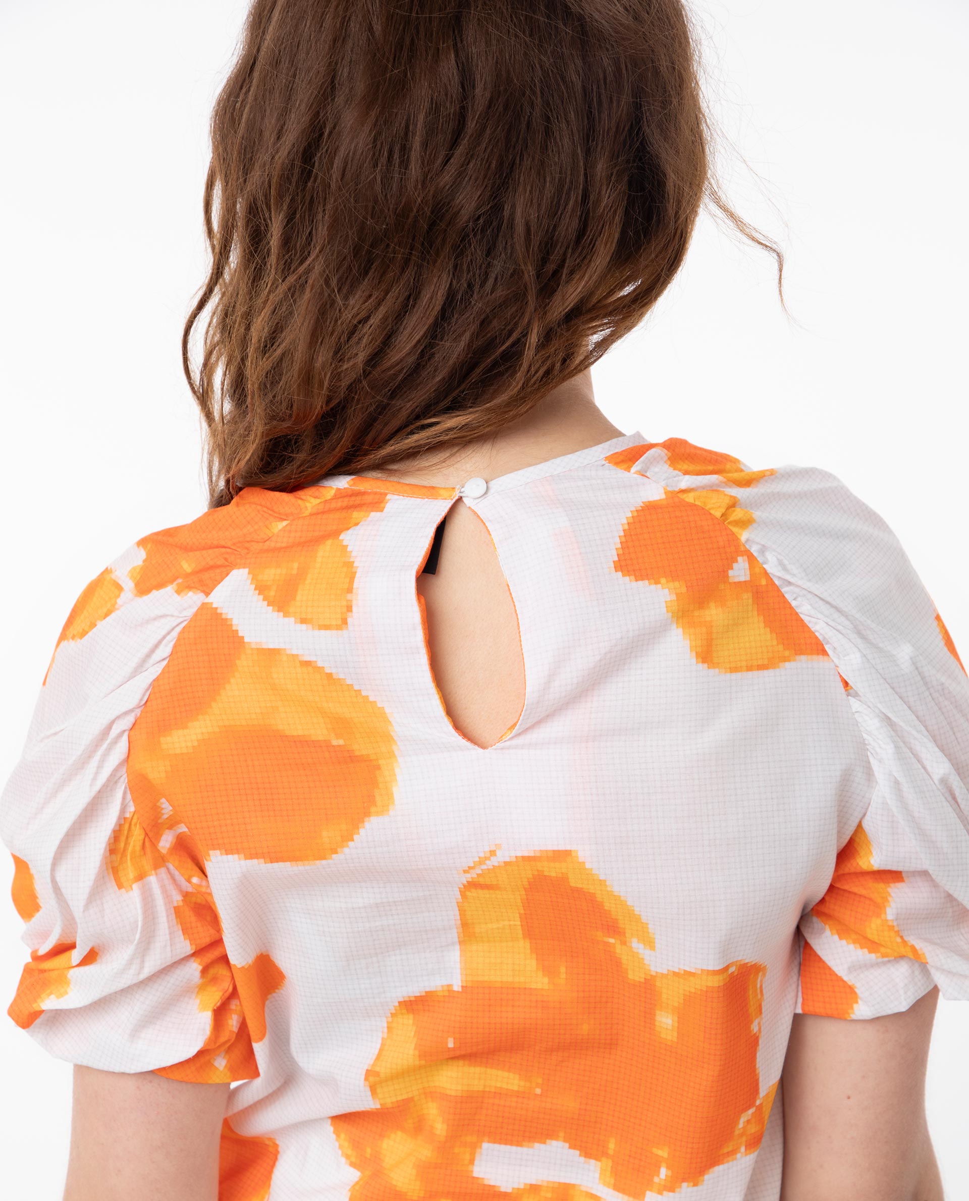 Rareism Women's Sporn Orange Cotton Crew Neck Floral Print Puff Sleeves Regular Fit Top
