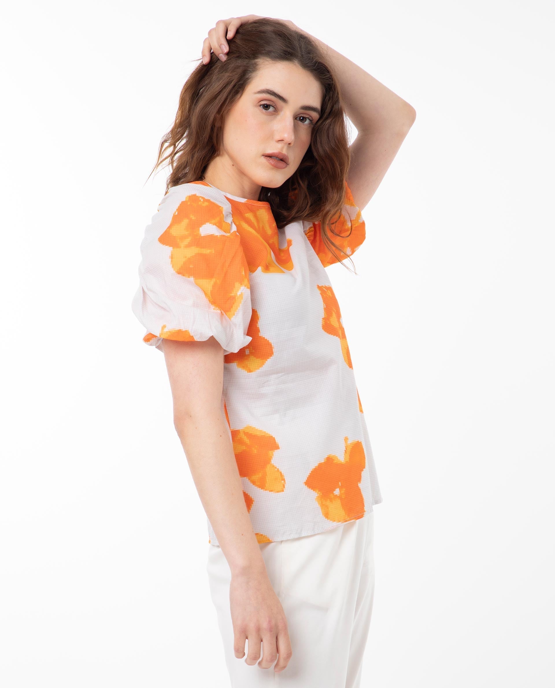 Rareism Women's Sporn Orange Cotton Crew Neck Floral Print Puff Sleeves Regular Fit Top