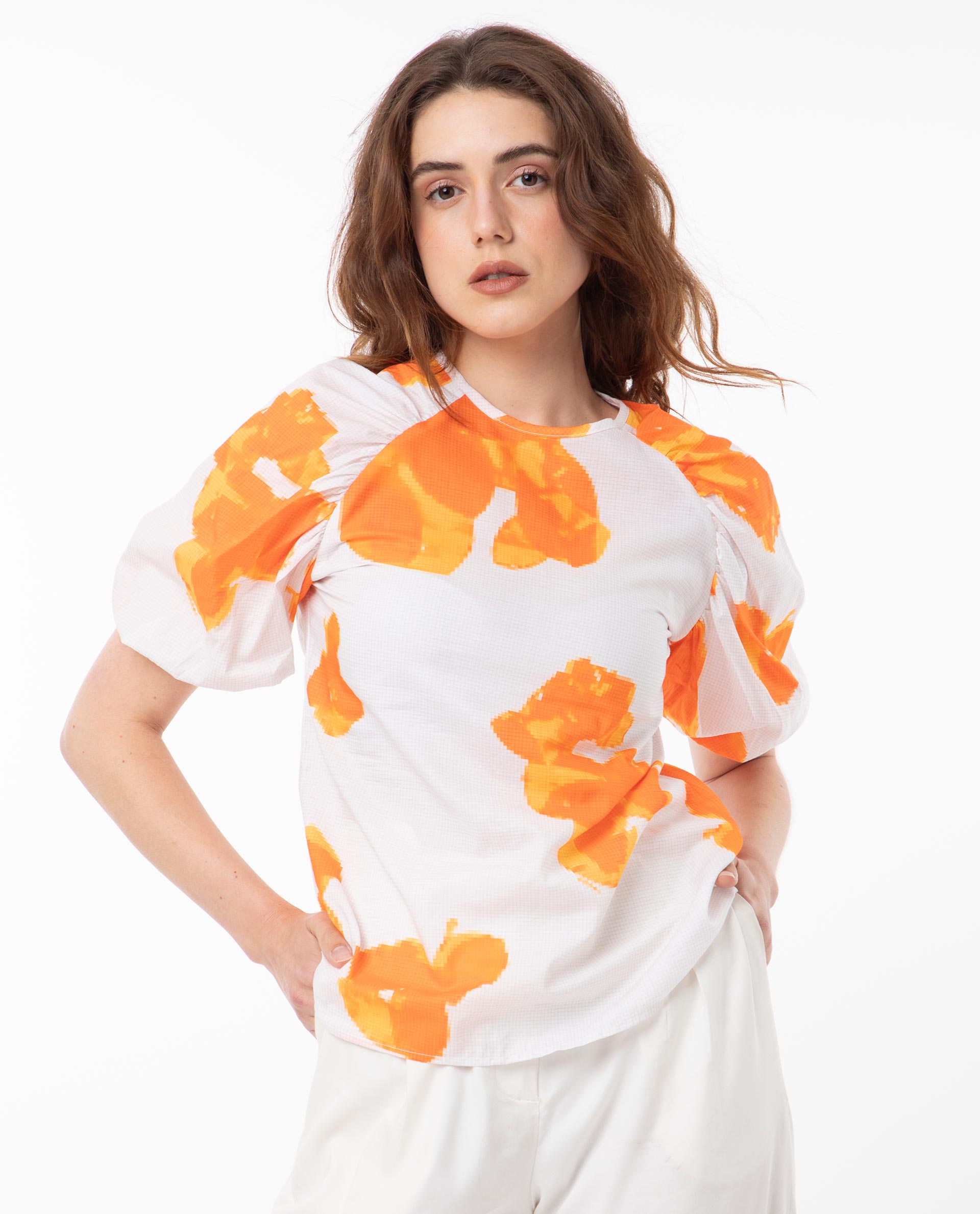 Rareism Women's Sporn Orange Cotton Crew Neck Floral Print Puff Sleeves Regular Fit Top