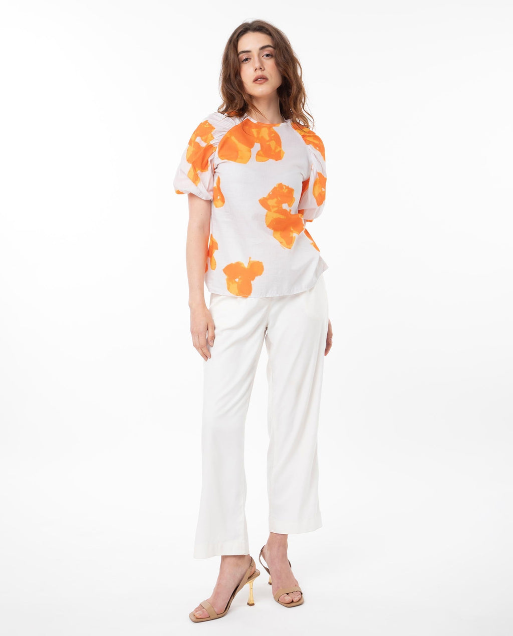 Rareism Women's Sporn Orange Cotton Crew Neck Floral Print Puff Sleeves Regular Fit Top