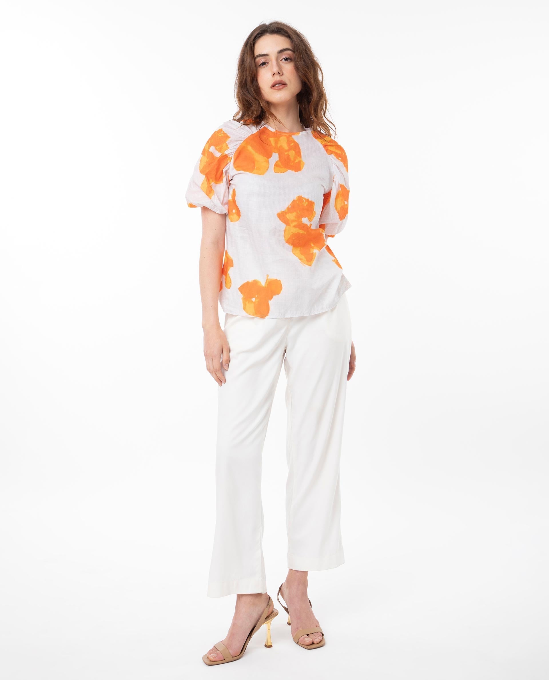 Rareism Women's Sporn Orange Cotton Crew Neck Floral Print Puff Sleeves Regular Fit Top