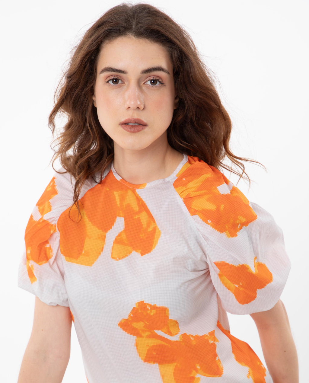 Rareism Women's Sporn Orange Cotton Crew Neck Floral Print Puff Sleeves Regular Fit Top